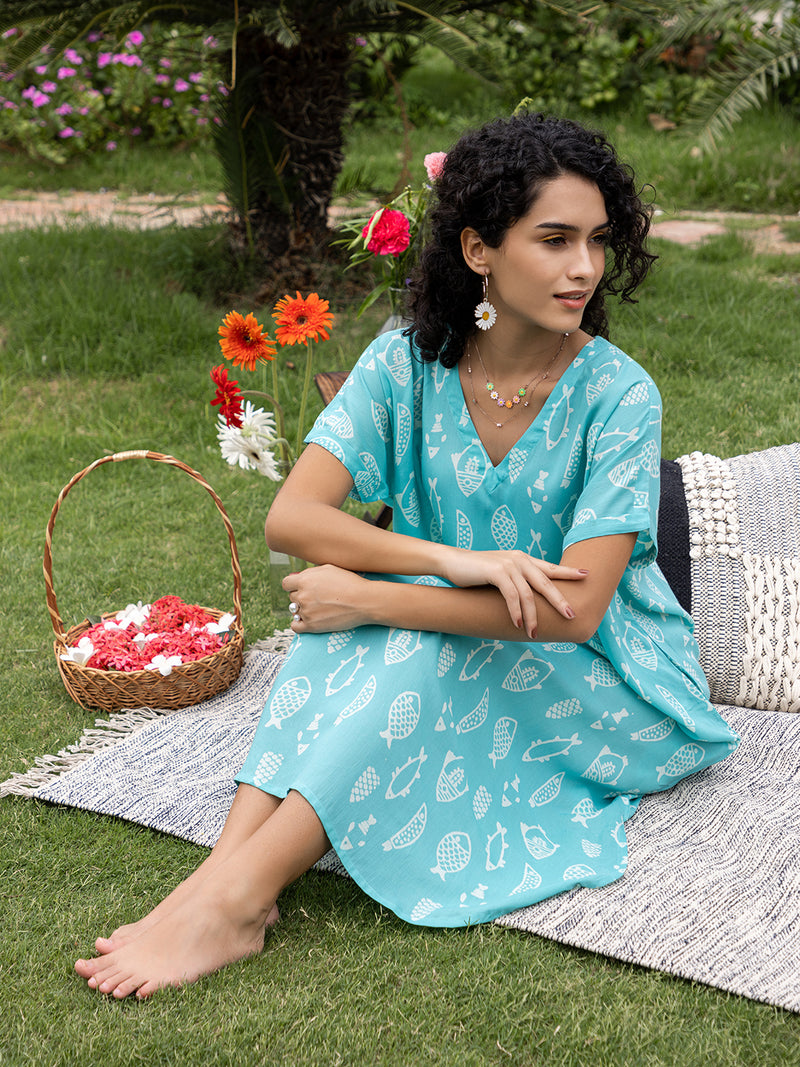 Aqua Hand Block Printed  Modal Kaftan Dress