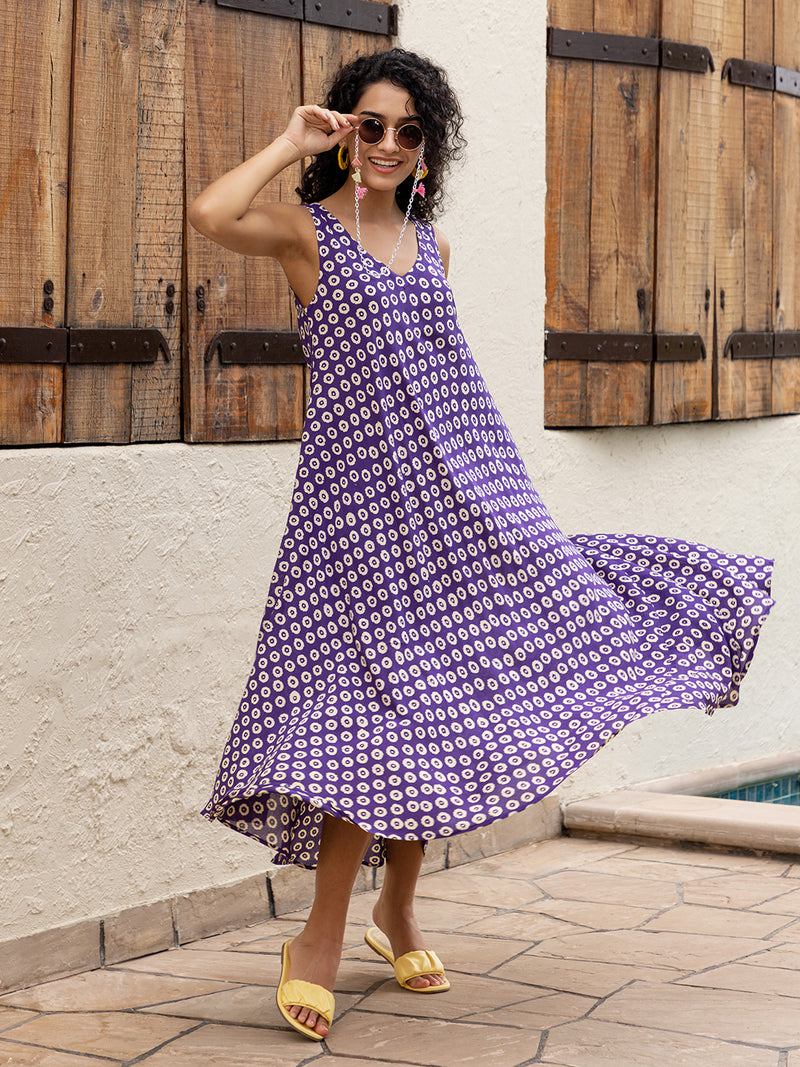 Violet Hand Block Printed  Modal Maxi Dress