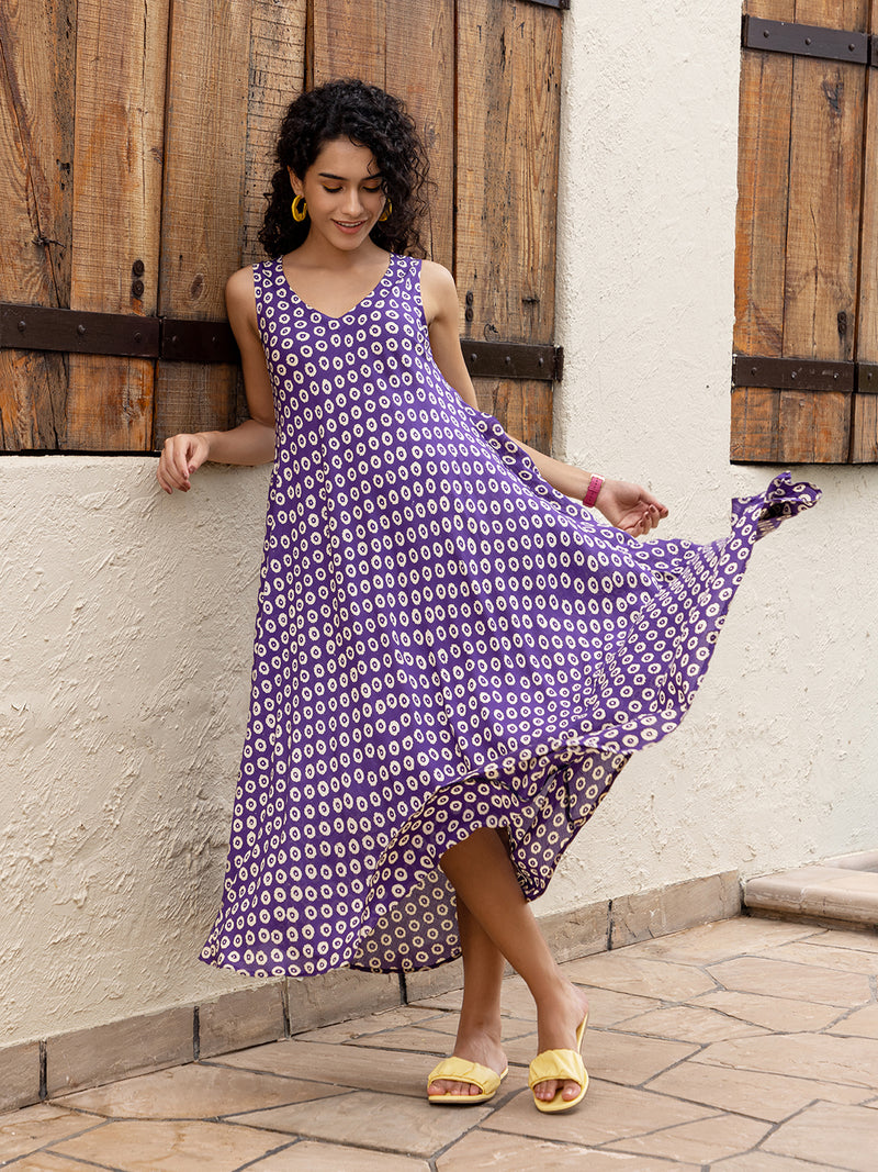 Violet Hand Block Printed  Modal Maxi Dress