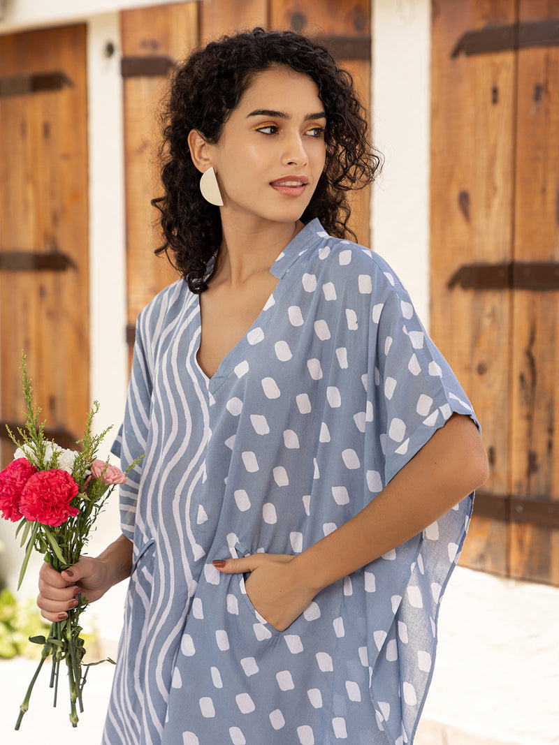 Grey Hand Block Printed Up-Down Modal Kaftan