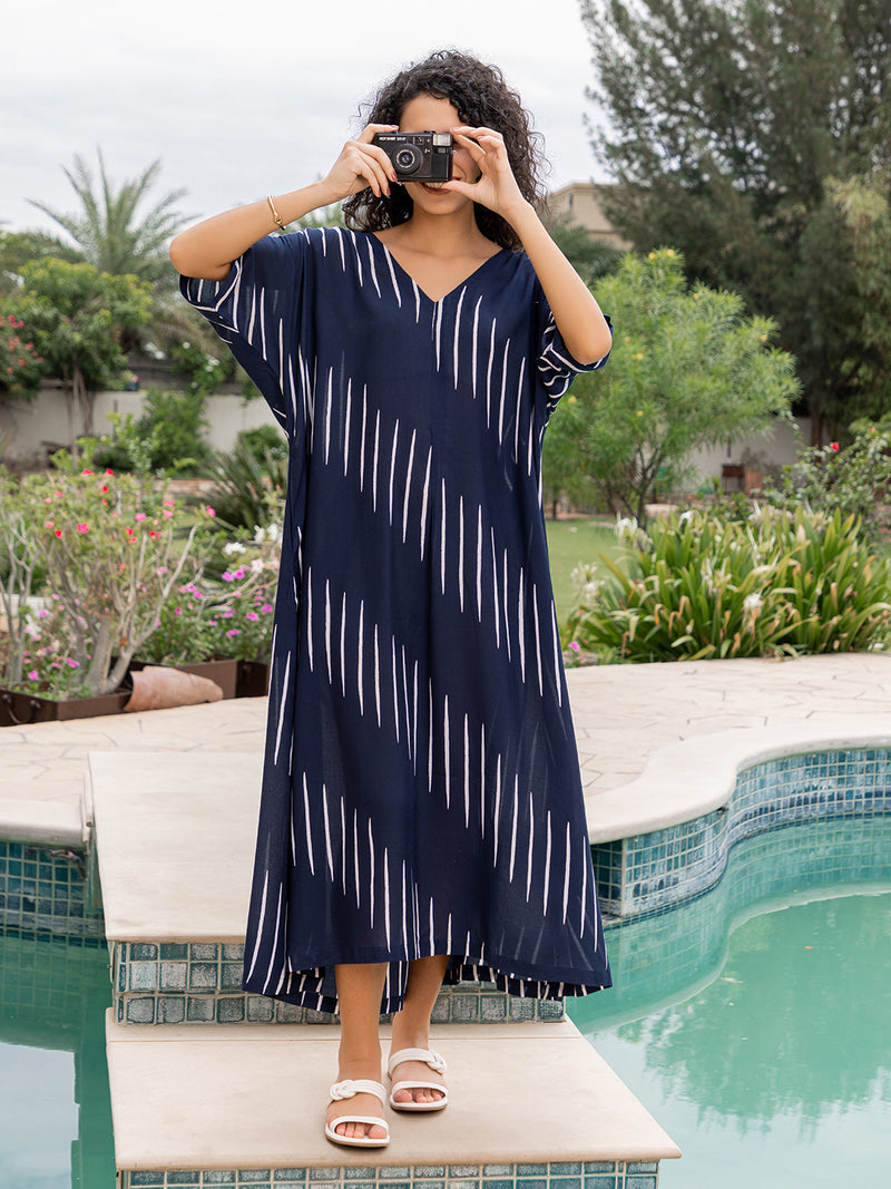 Navy Blue Hand Block Printed  Modal Kaftan Dress