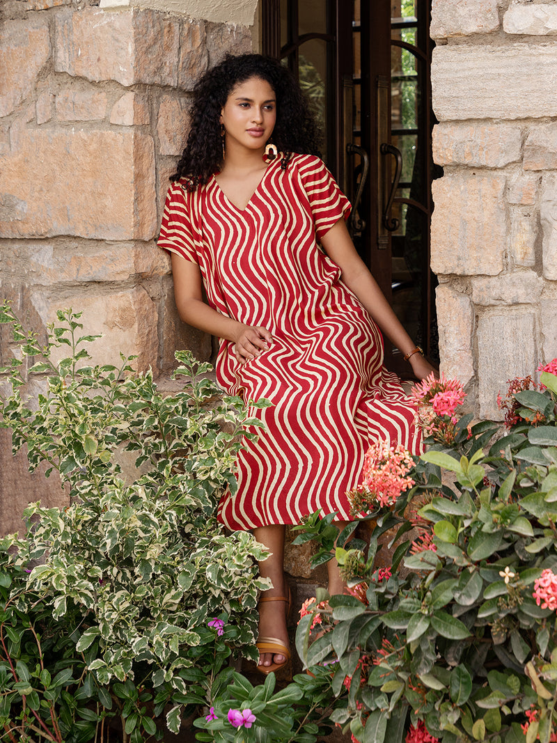 Cherry Red Hand Block Printed  Modal Kaftan Dress
