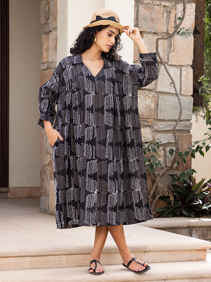Black Hand Block Printed  Mulmul Kaftan Dress