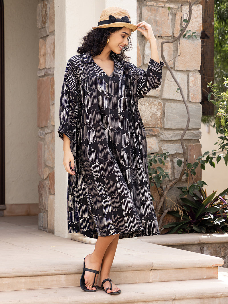 Black Hand Block Printed  Mulmul Kaftan Dress