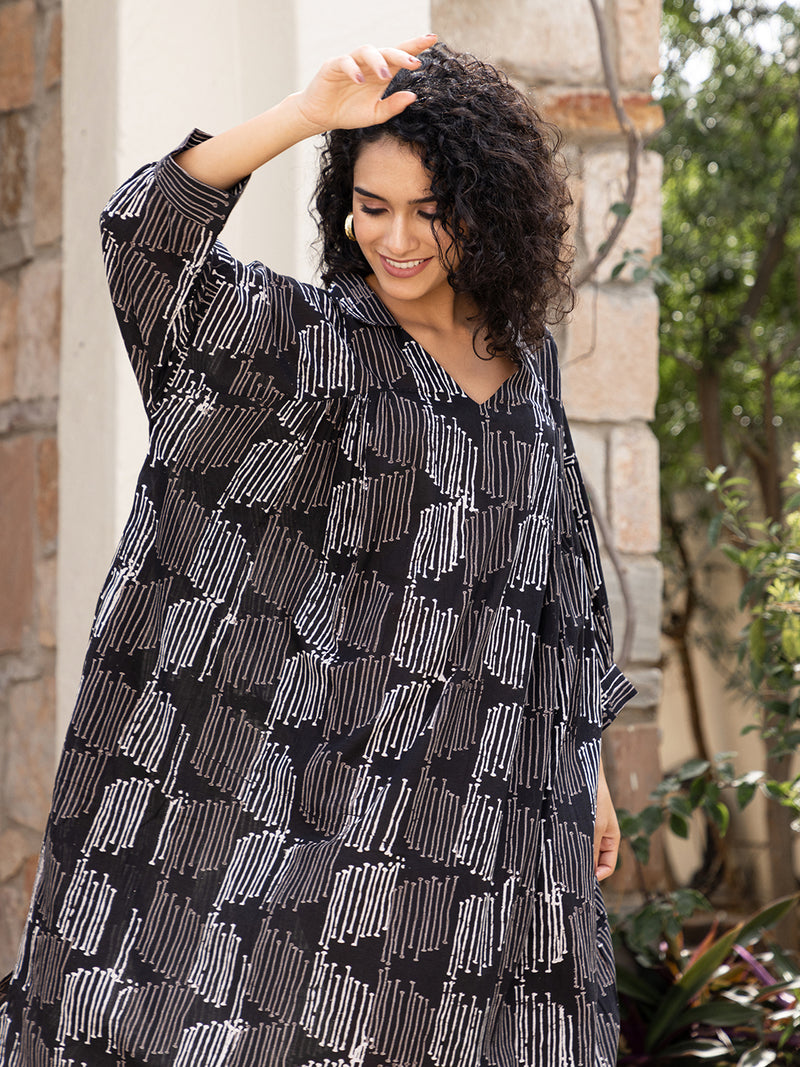 Black Hand Block Printed  Mulmul Kaftan Dress