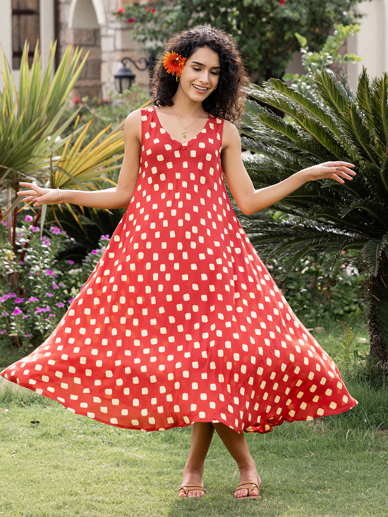 Red Hand Block Printed  Modal Maxi Dress