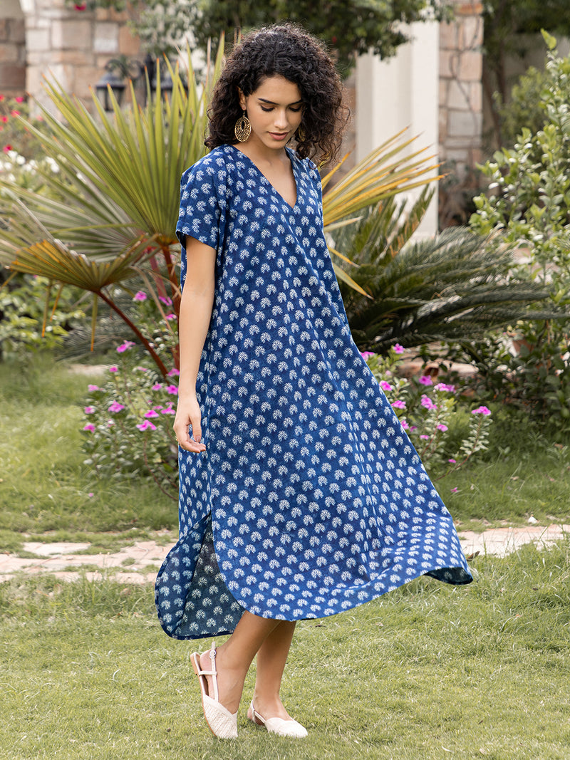 Indigo Dabu Hand Block Printed  Mulmul Kaftan Dress