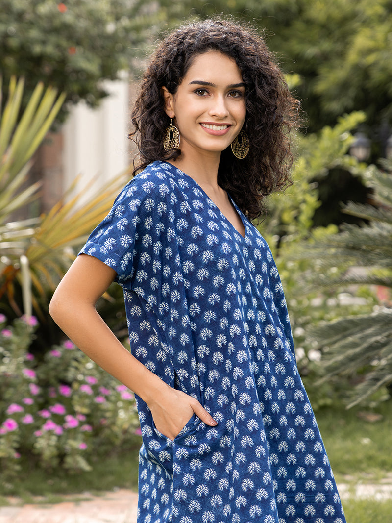 Indigo Dabu Hand Block Printed  Mulmul Kaftan Dress