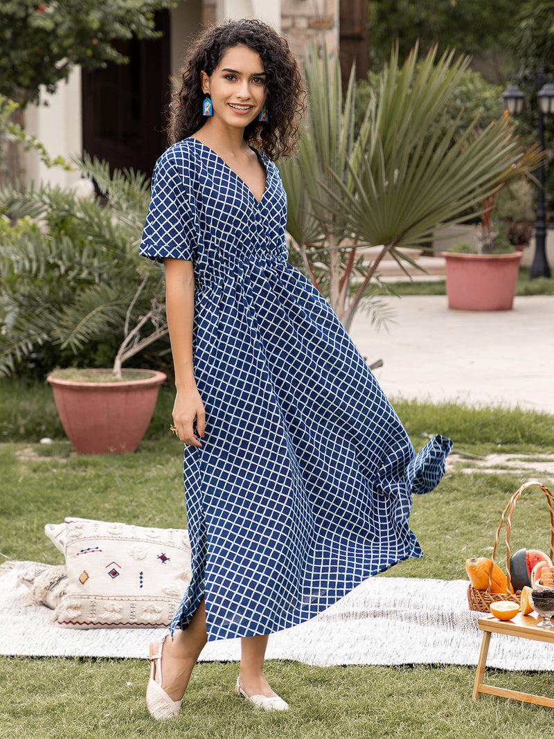 Indigo Dabu Hand Block Printed  Mulmul Kaftan Dress