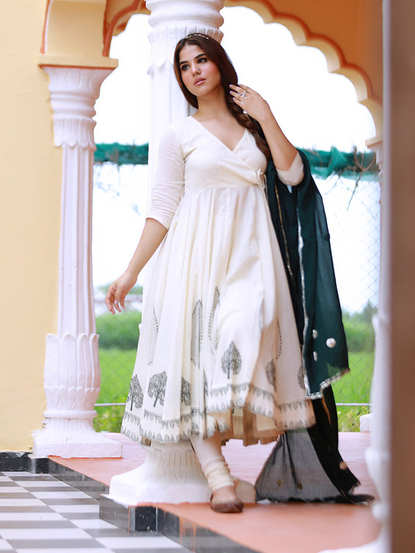 Deep Green Hand Block Print Cotton Anarkali Suit Set with Gota work Dupatta