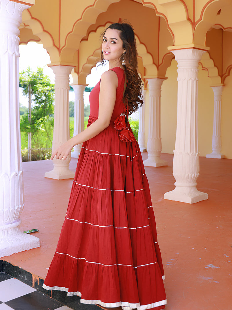 Cherry red Mulmul Gotta Work Tier Dress