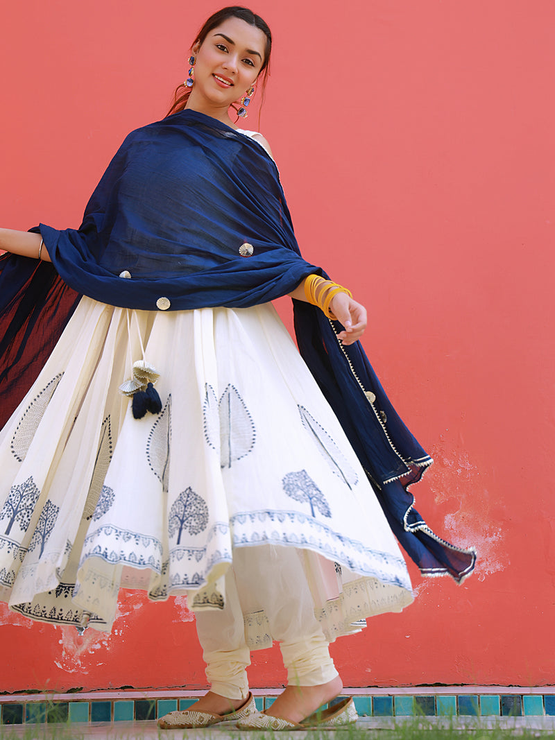 Blue Hand Block Print Cotton Anarkali Suit Set with Gota work Dupatta