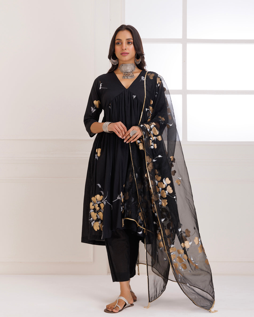 Rangreza Black HandPainted Gathered Suit Set