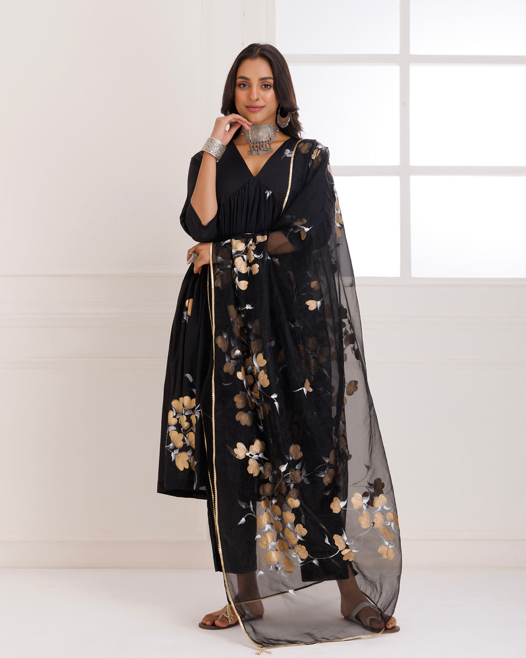 Rangreza Black HandPainted Gathered Suit Set