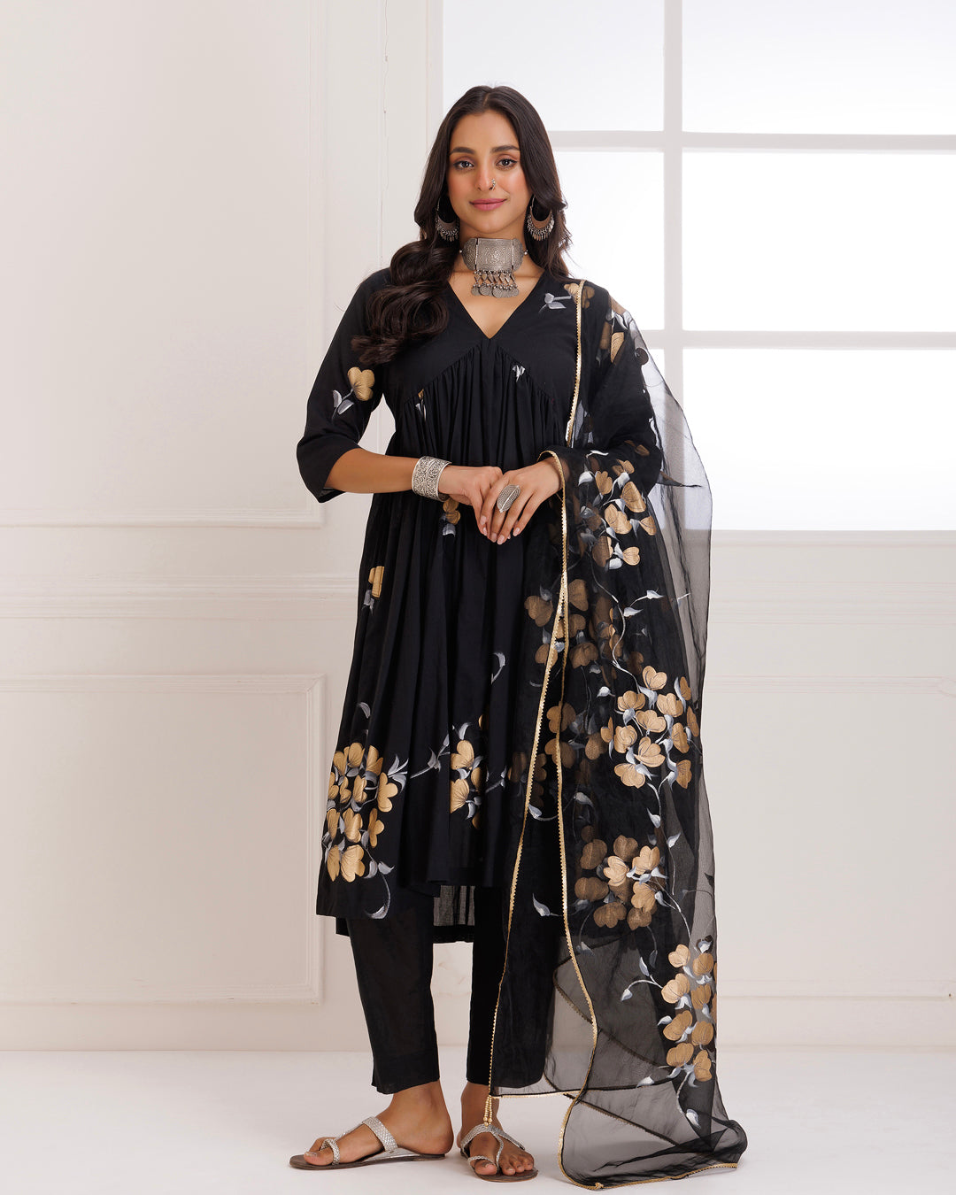Rangreza Black HandPainted Gathered Suit Set