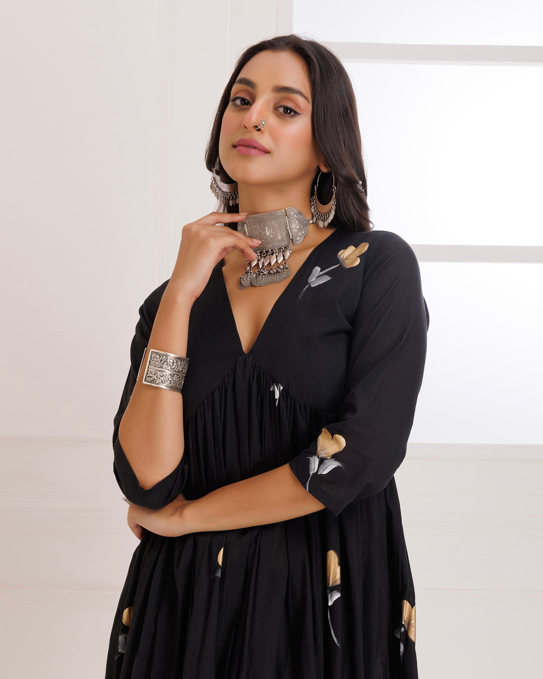 Rangreza Black HandPainted Gathered Suit Set
