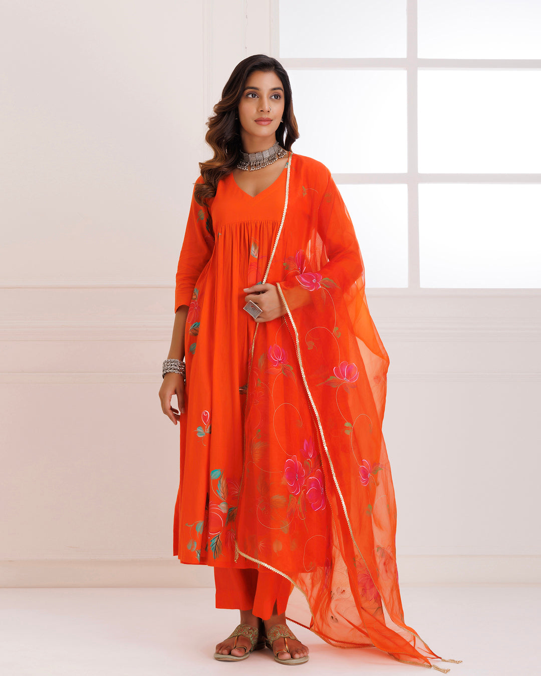 Rangreza Orange HandPainted Gathered Suit Set