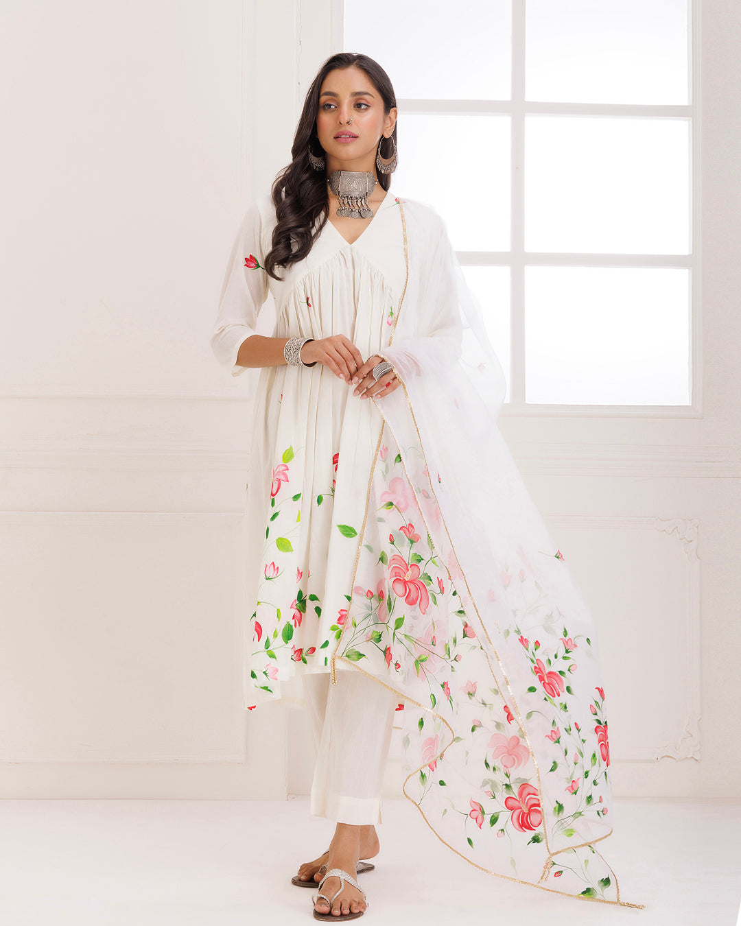 Rangreza Ivory HandPainted Gathered Suit Set