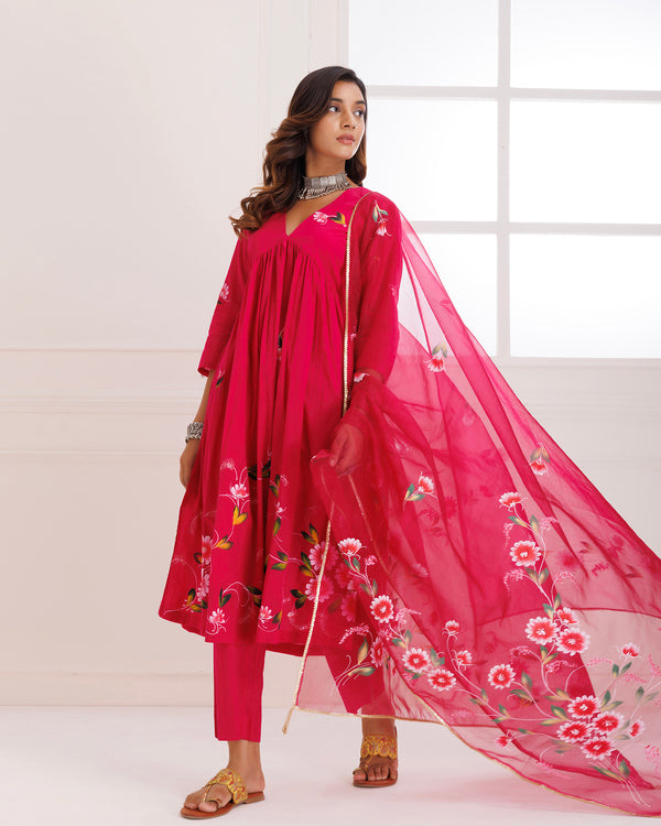 Rangreza Magenta HandPainted Gathered Suit Set - Set of 3