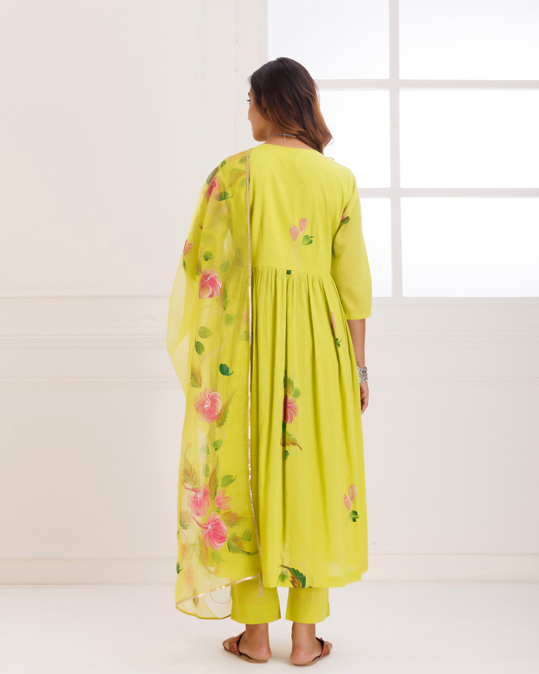 Rangreza Green HandPainted Gathered Suit Set