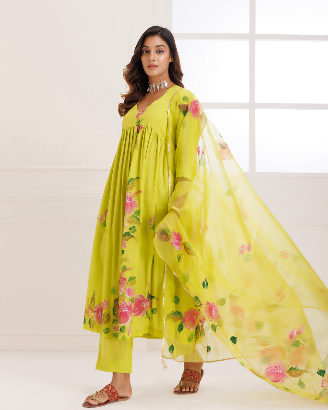 Rangreza Green HandPainted Gathered Suit Set