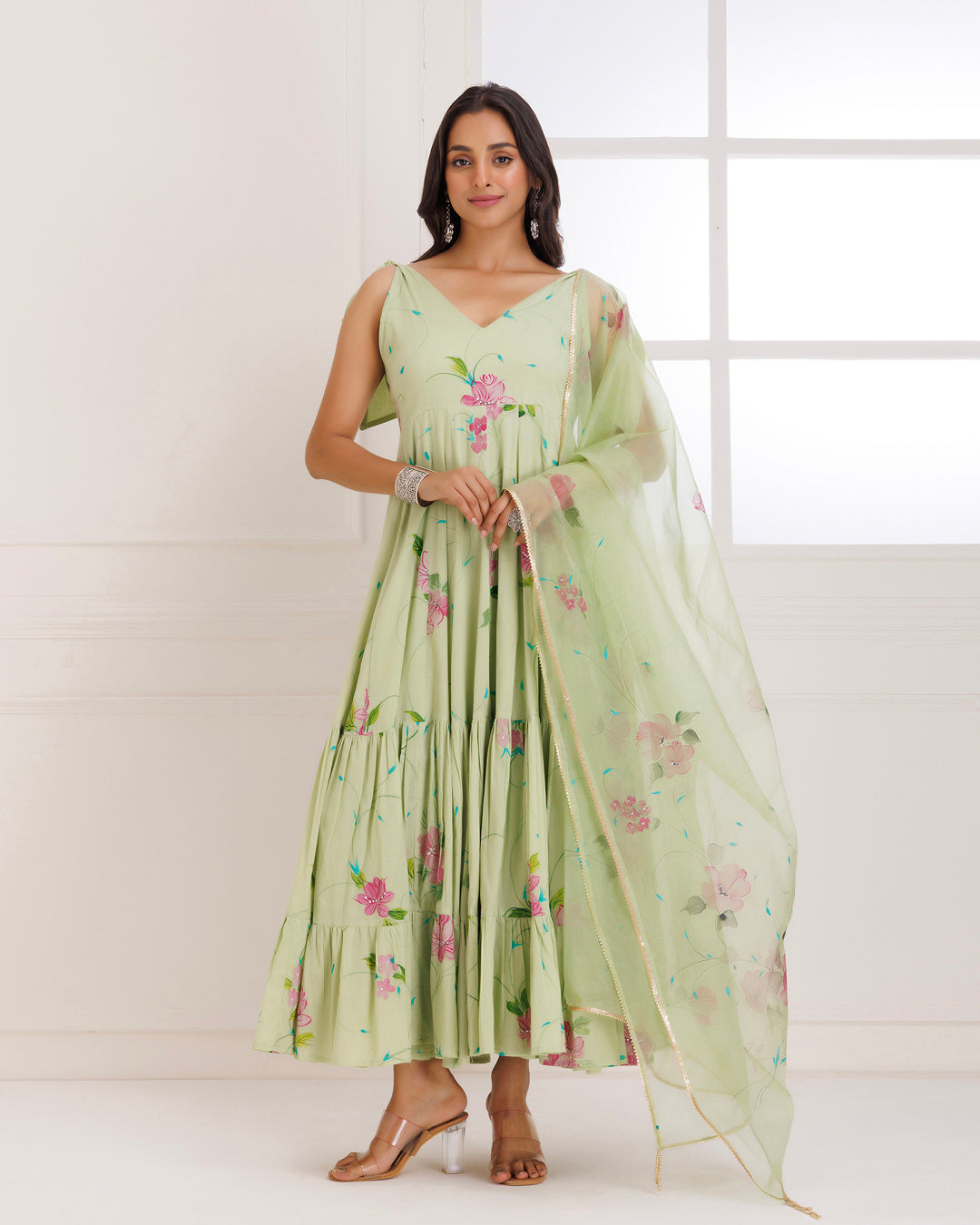 Pista Green Hand Painted Mulmul Anarkali Suit
