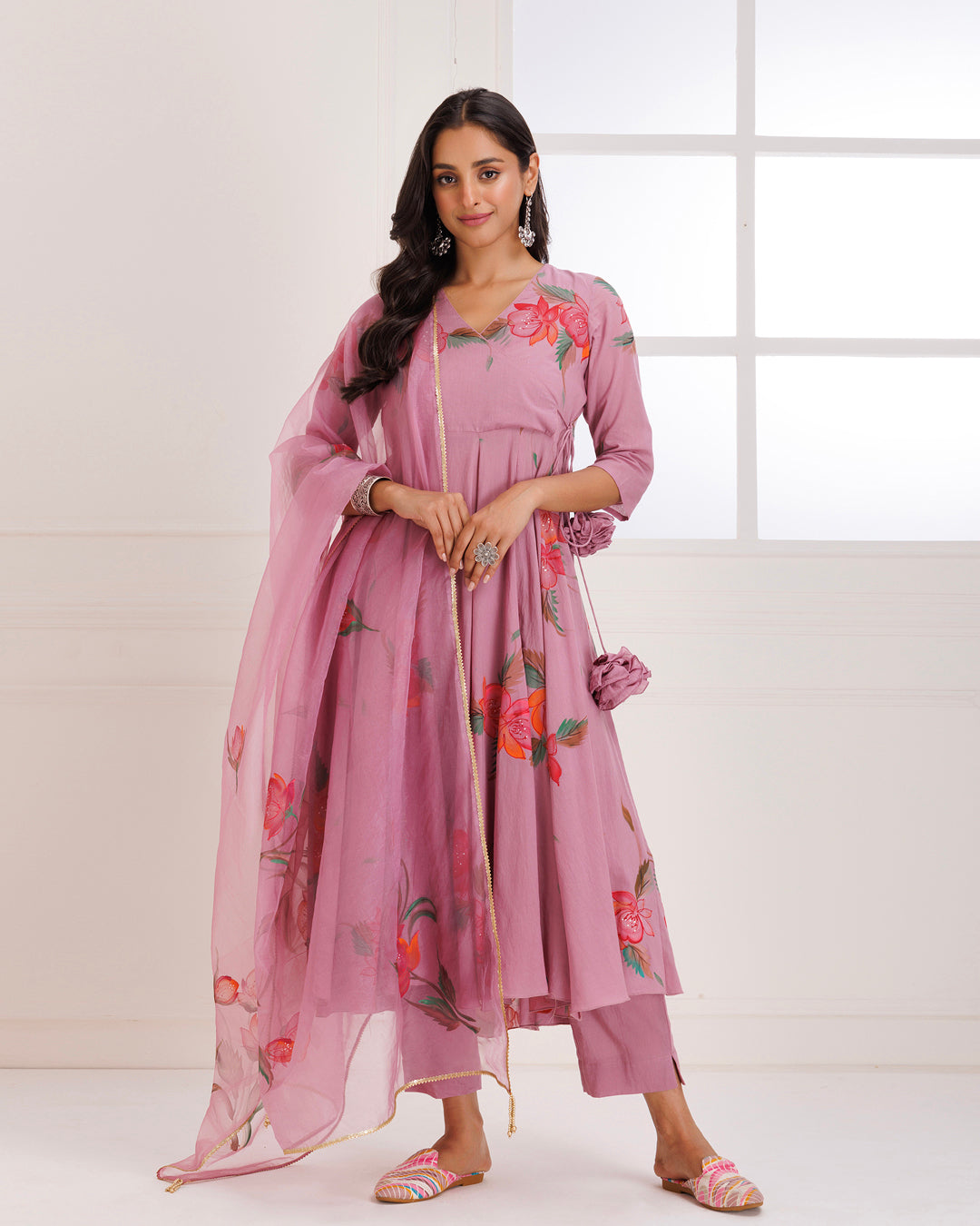 Rose Pink Hand Painted Mulmul Anarkali Suit