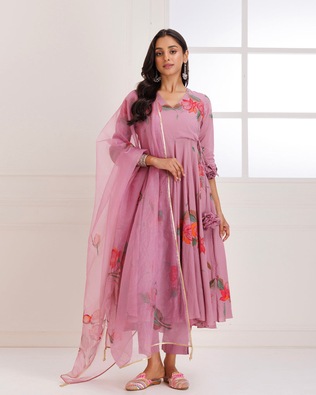 Rose Pink Hand Painted Mulmul Anarkali Suit