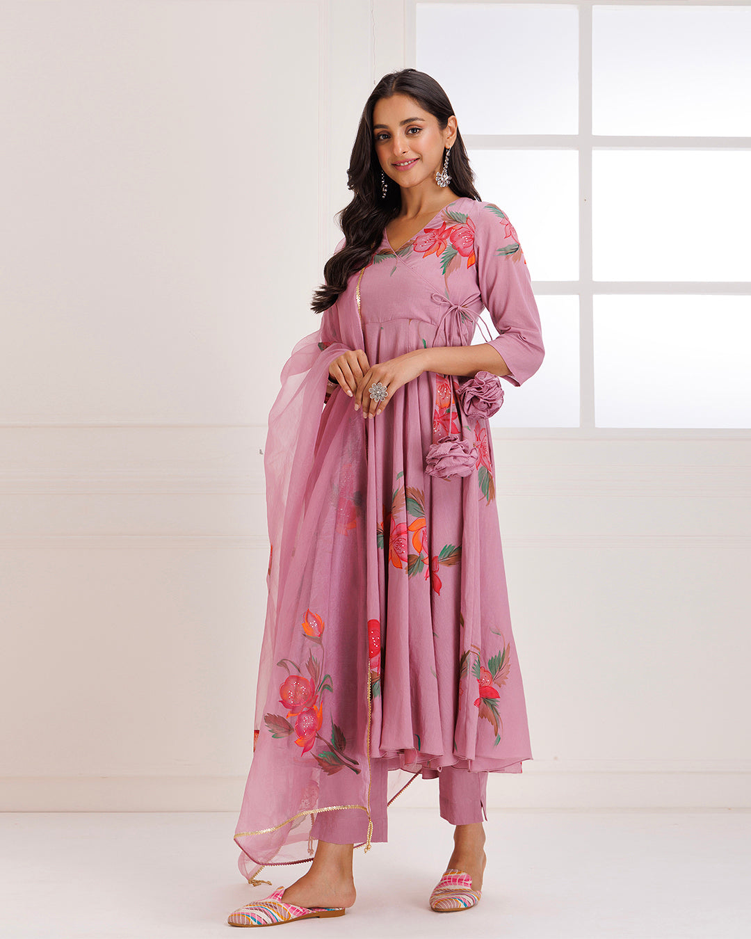 Rose Pink Hand Painted Mulmul Anarkali Suit