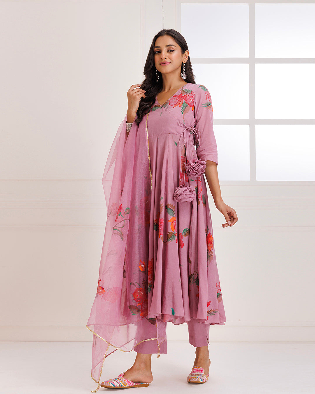 Rose Pink Hand Painted Mulmul Anarkali Suit