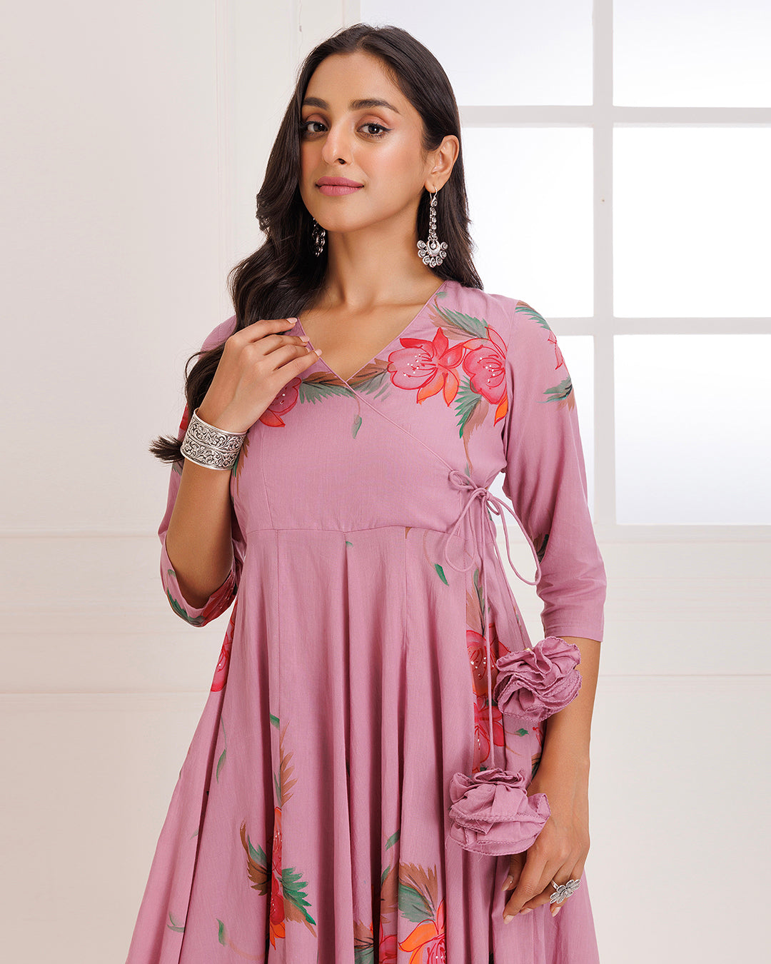 Rose Pink Hand Painted Mulmul Anarkali Suit