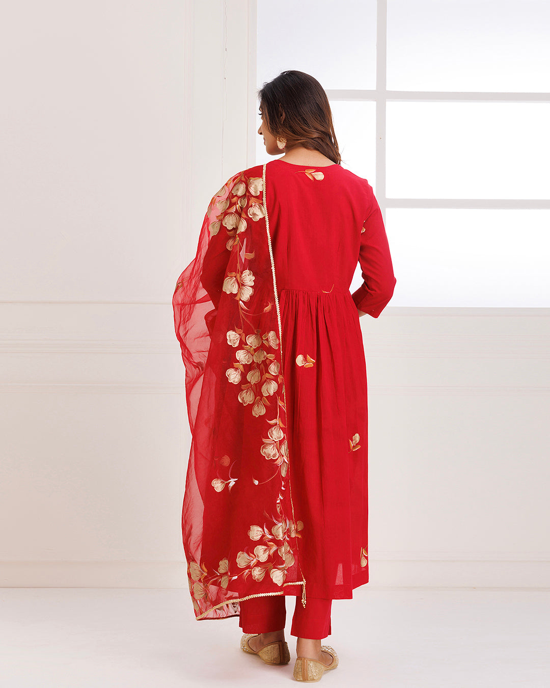 Rangreza Red HandPainted Gathered Suit Set