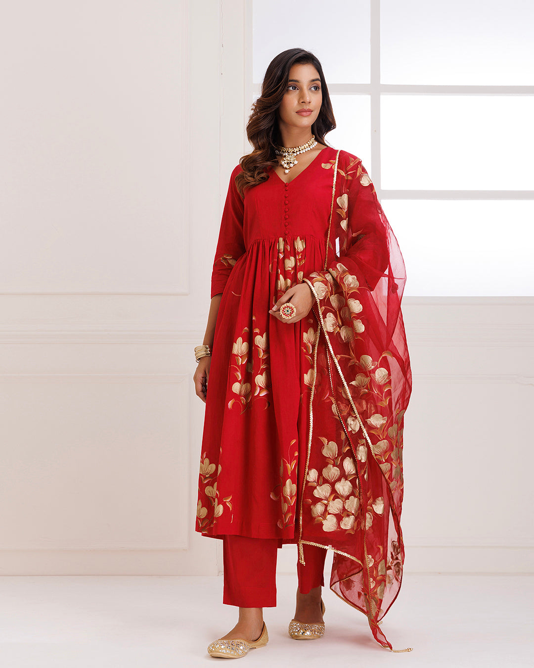 Rangreza Red HandPainted Gathered Suit Set