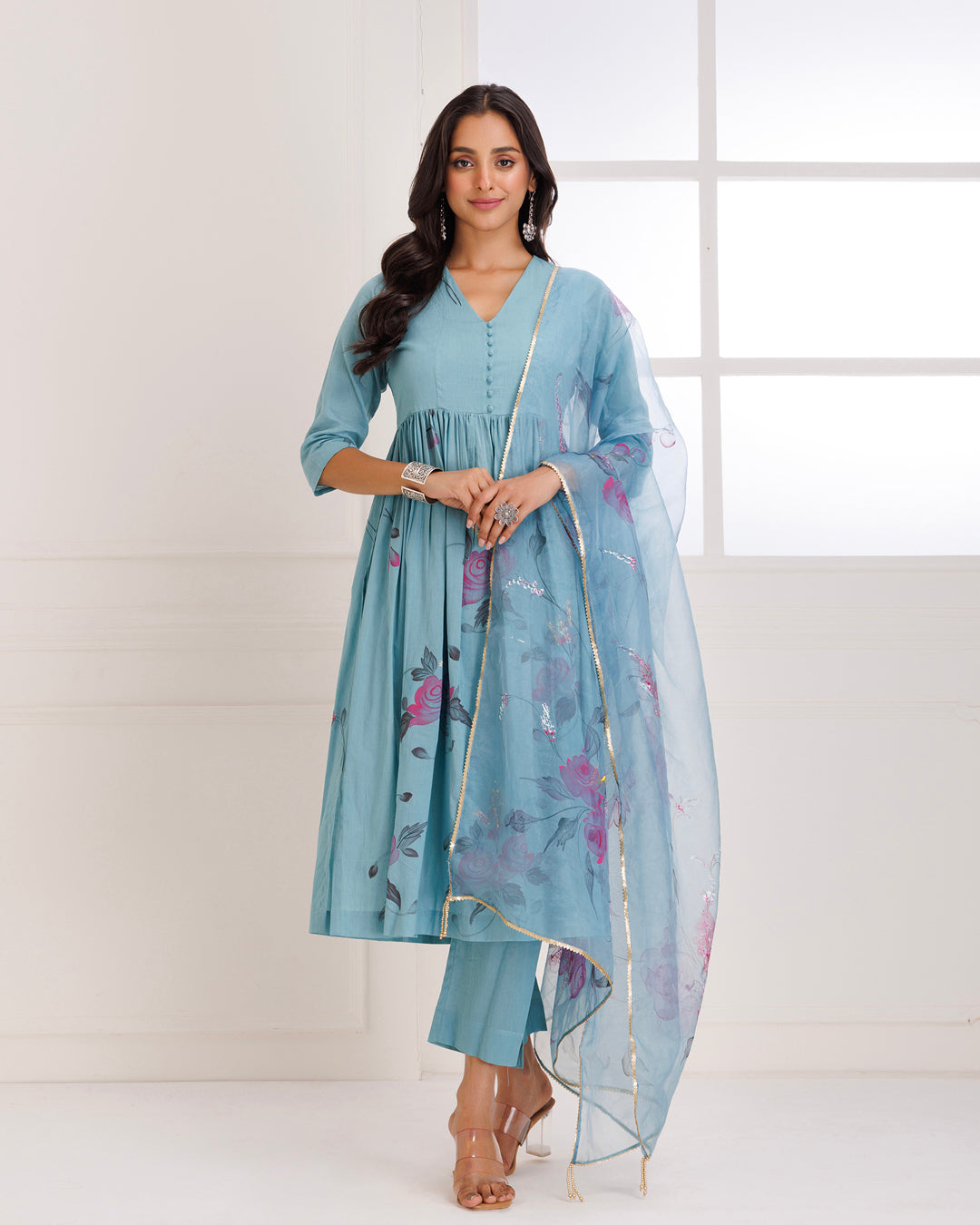 Rangreza Aqua HandPainted Gathered Suit Set