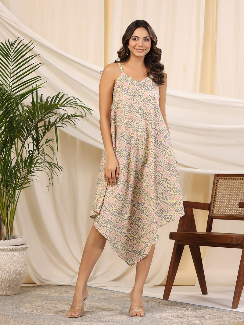 Yellow Handblock Printed Baisa Cotton Dress