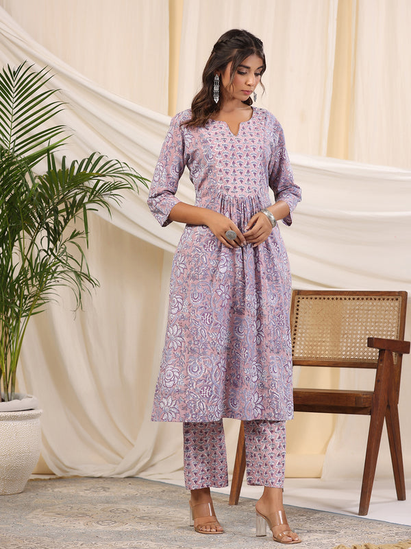 Sadabahaar Mauve & Purple Jaal Handblock Printed Cotton Kurta Pant Set