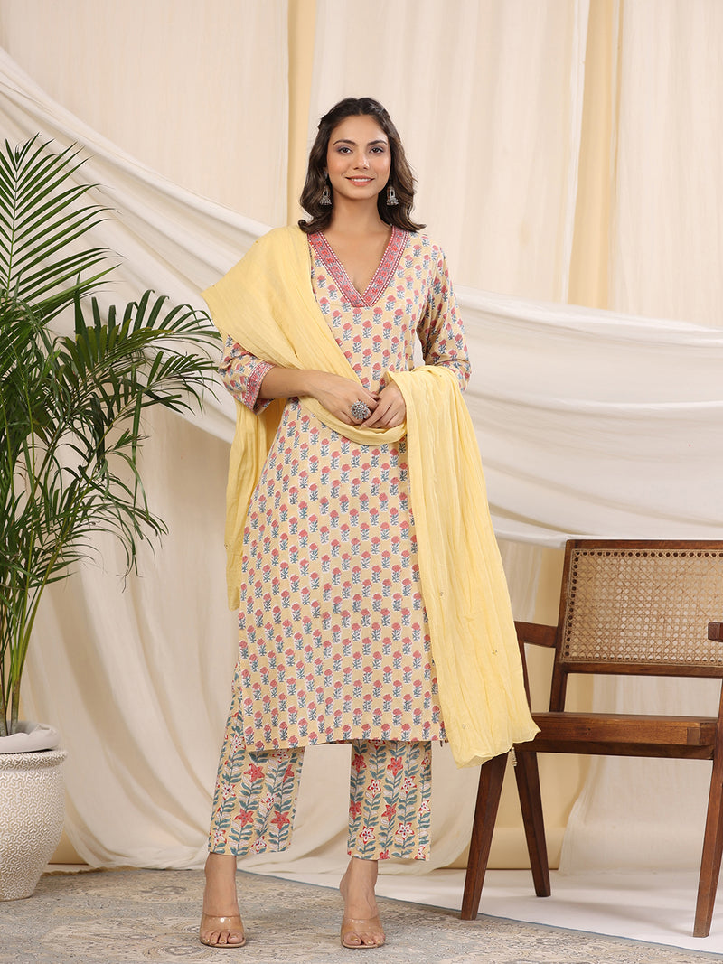 Sadabahaar Yellow & Red Handblock Printed Cotton Kurta Pant Set
