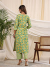 Sadabahaar Mint & Yellow Jaal Handblock Printed Cotton Kurta Pant Set