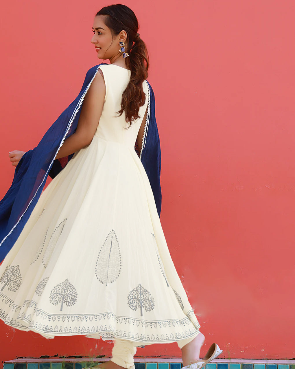 Beige & Blue Handblock Printed Anarkali Suit