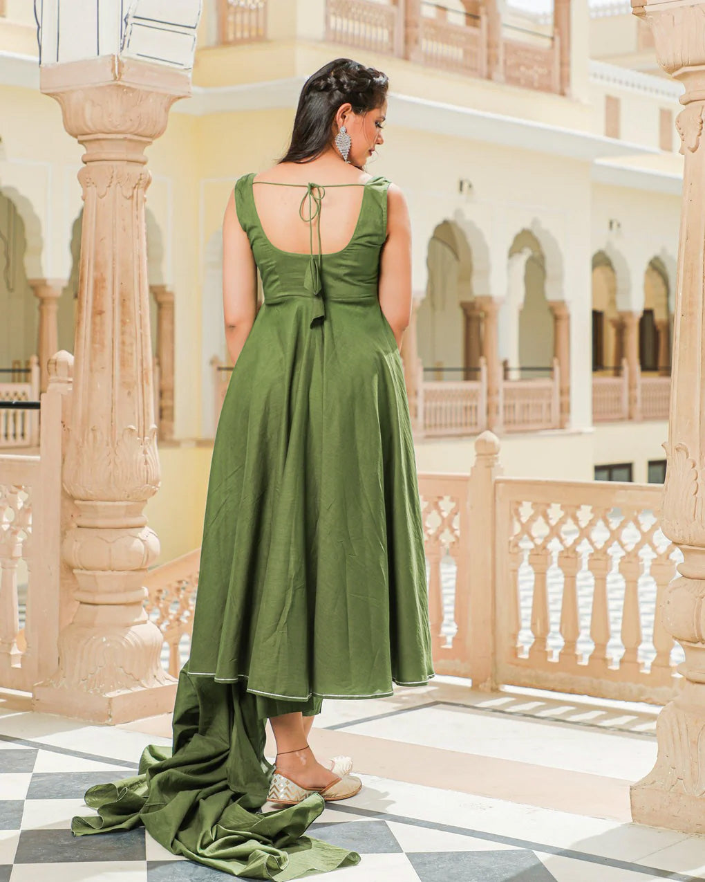Solid Olive Green Mulmul Anarkali Suit