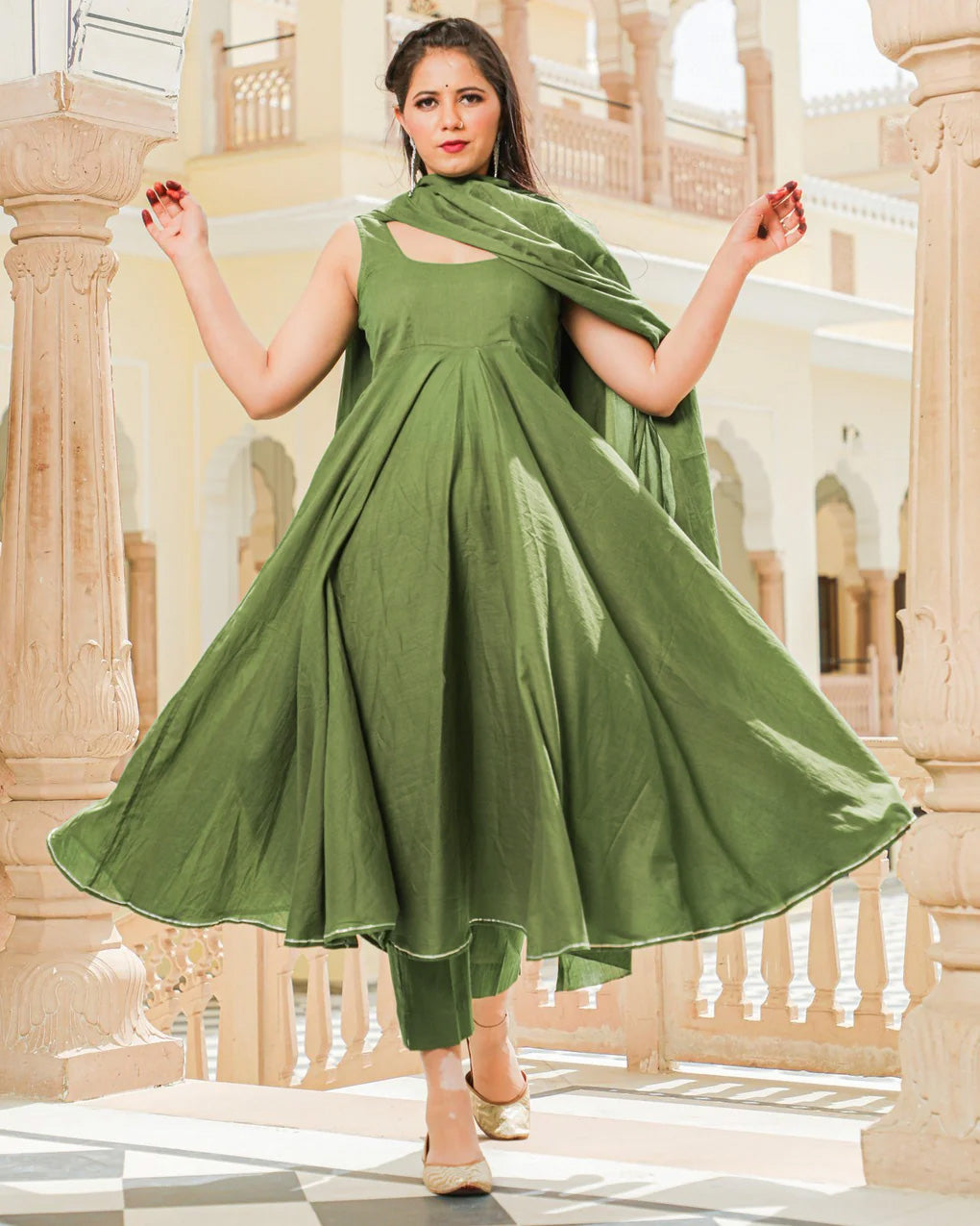 Solid Olive Green Mulmul Anarkali Suit