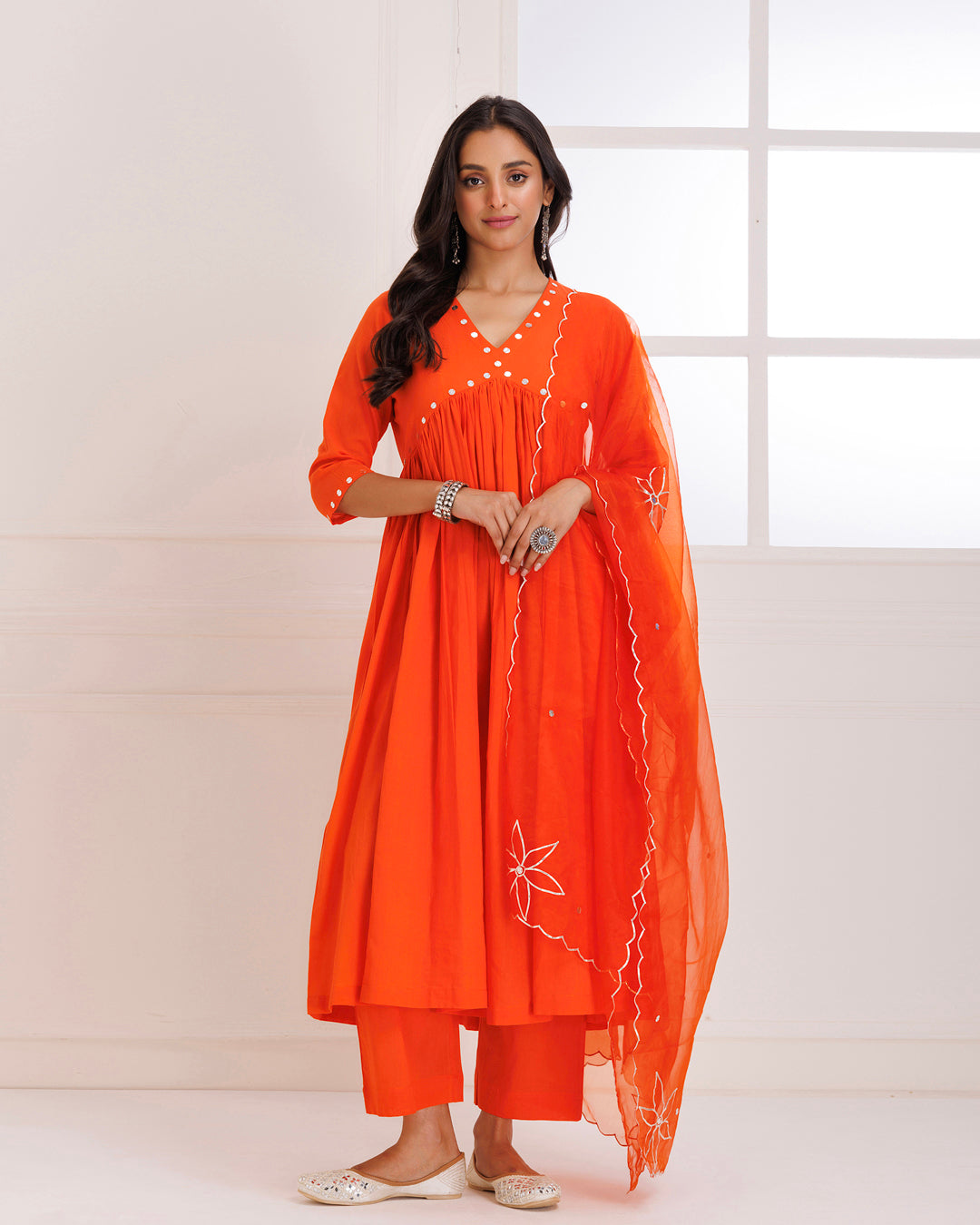 Orange Mulmul Cotton Anarkali Suit