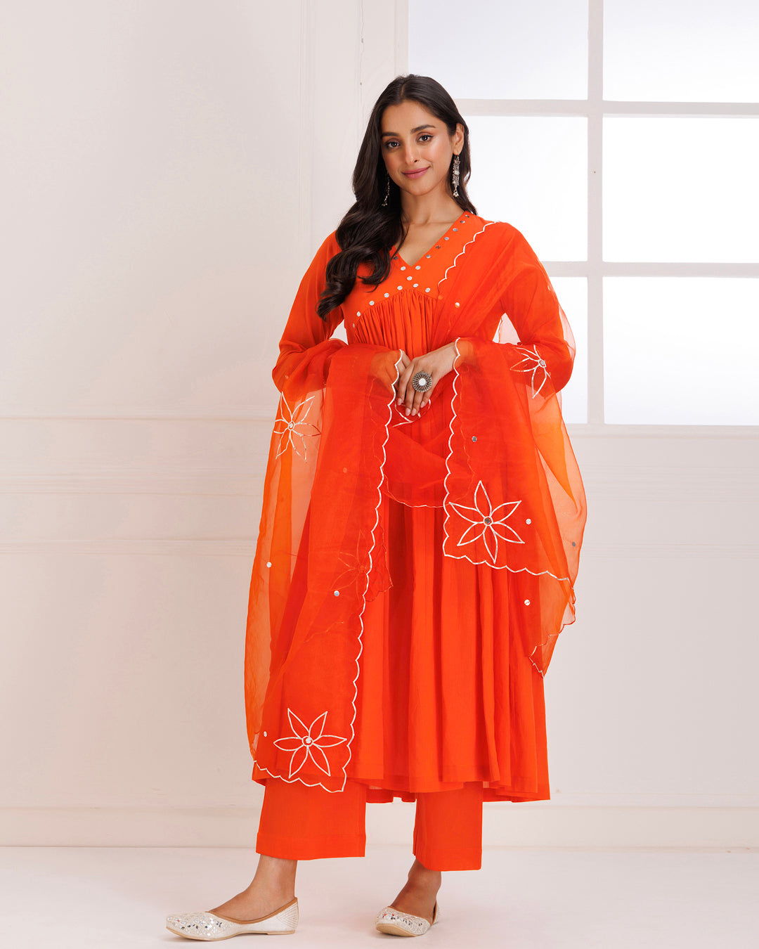Orange Mulmul Cotton Anarkali Suit