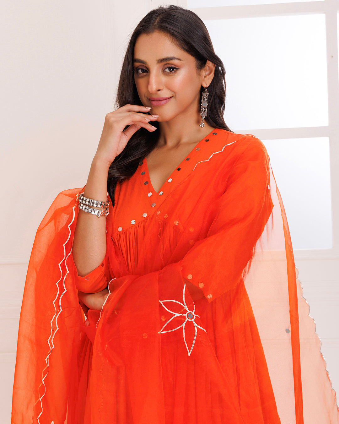 Orange Mulmul Cotton Anarkali Suit