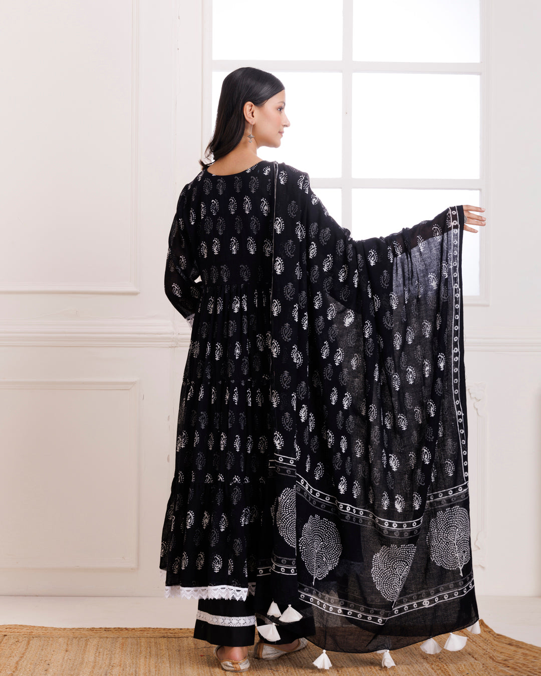 Handblock Printed Black Anarkali Suit
