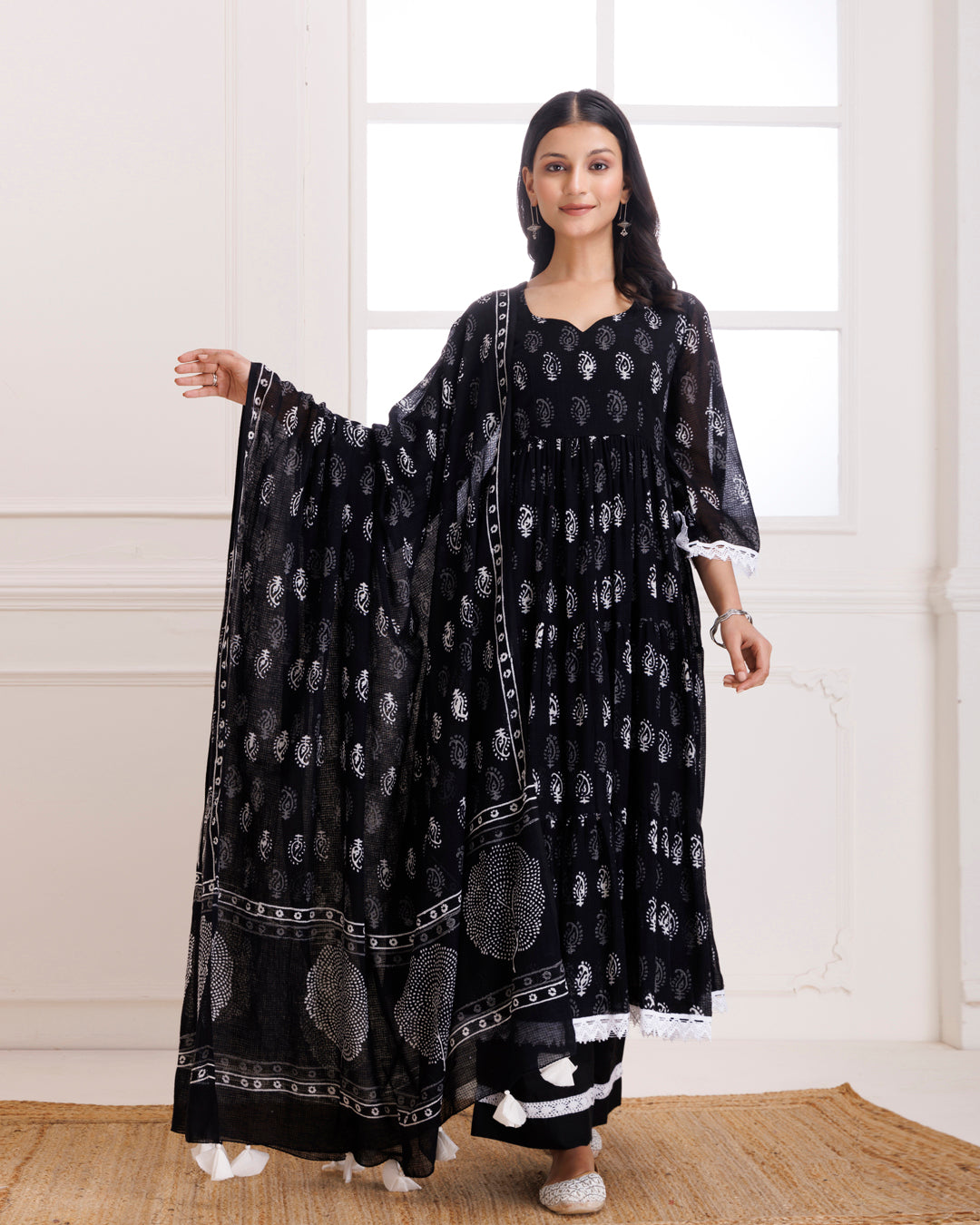 Handblock Printed Black Anarkali Suit