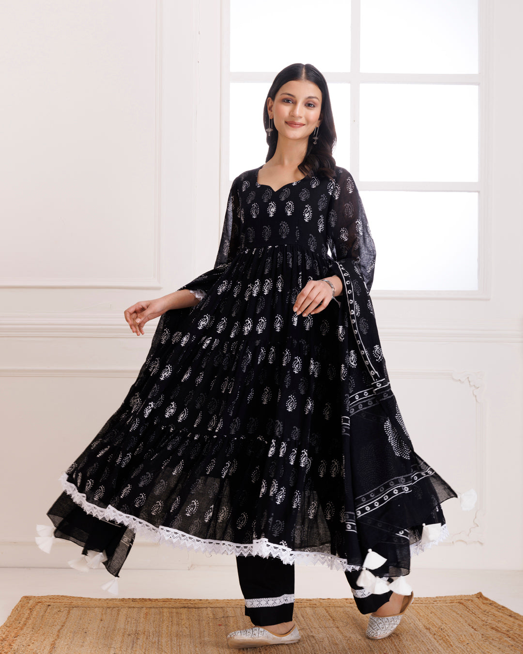 Handblock Printed Black Anarkali Suit