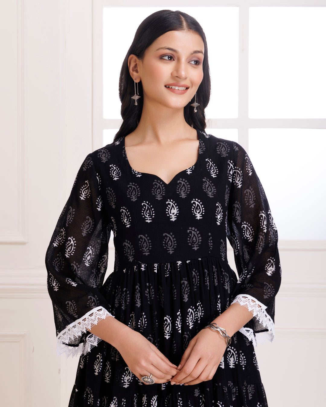 Handblock Printed Black Anarkali Suit