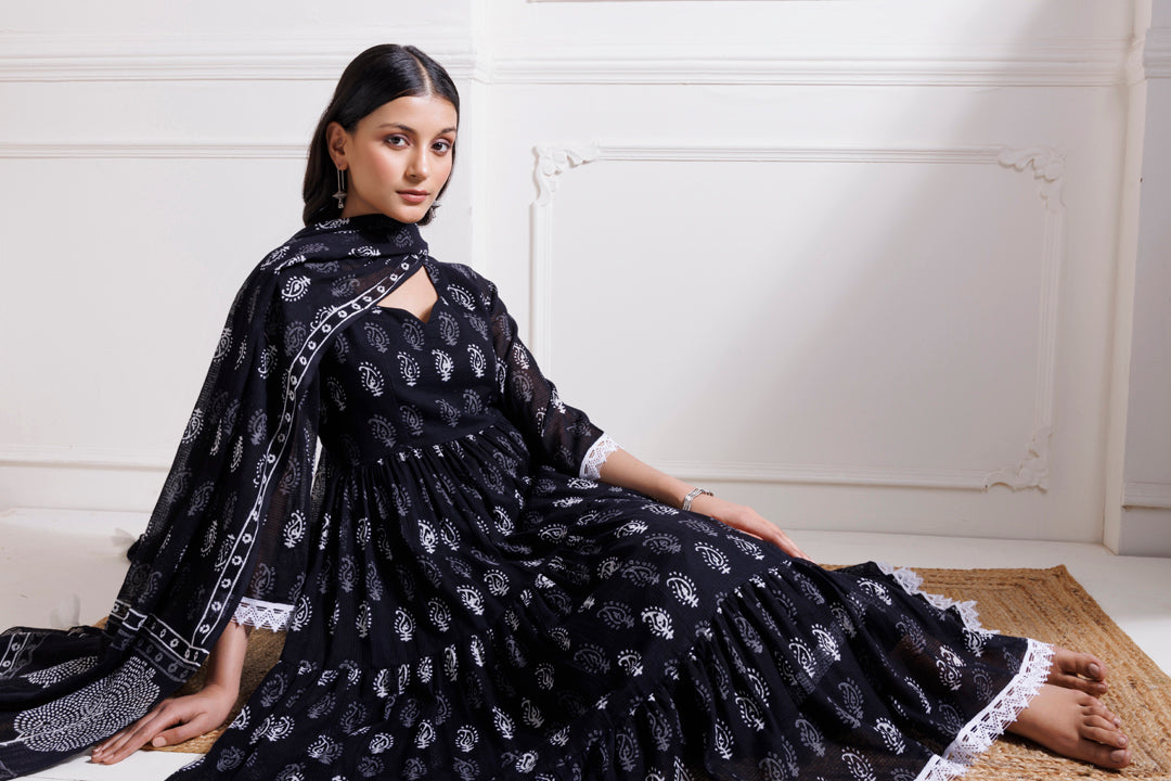 Handblock Printed Black Anarkali Suit