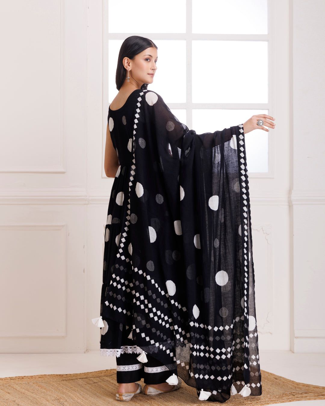 Polka Dot Handblock Print Black Anarkali Suit